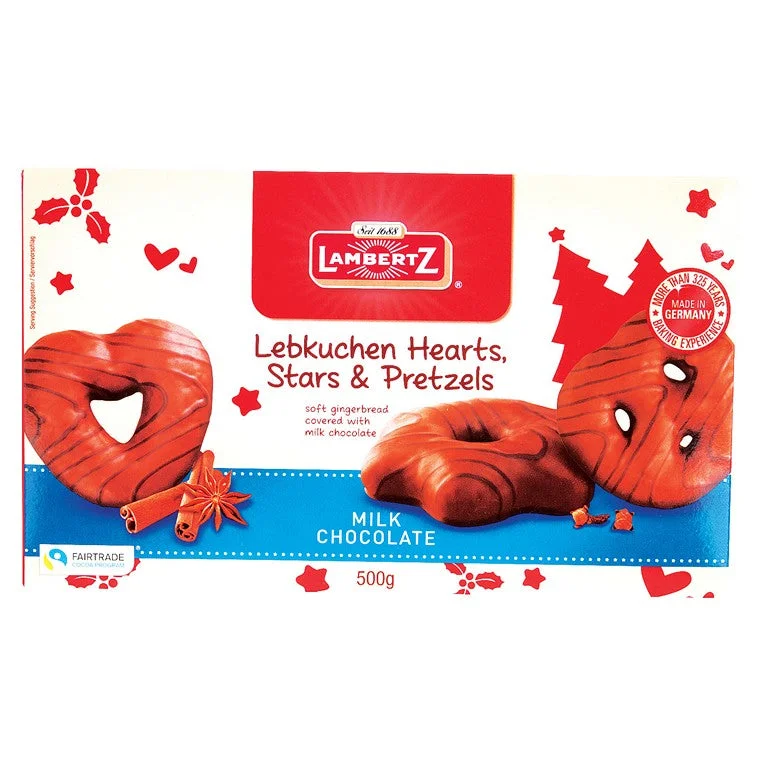 Lambertz Milk Choc Lebkuchen, Gingerbread Hearts Stars Pretzels, 500gm