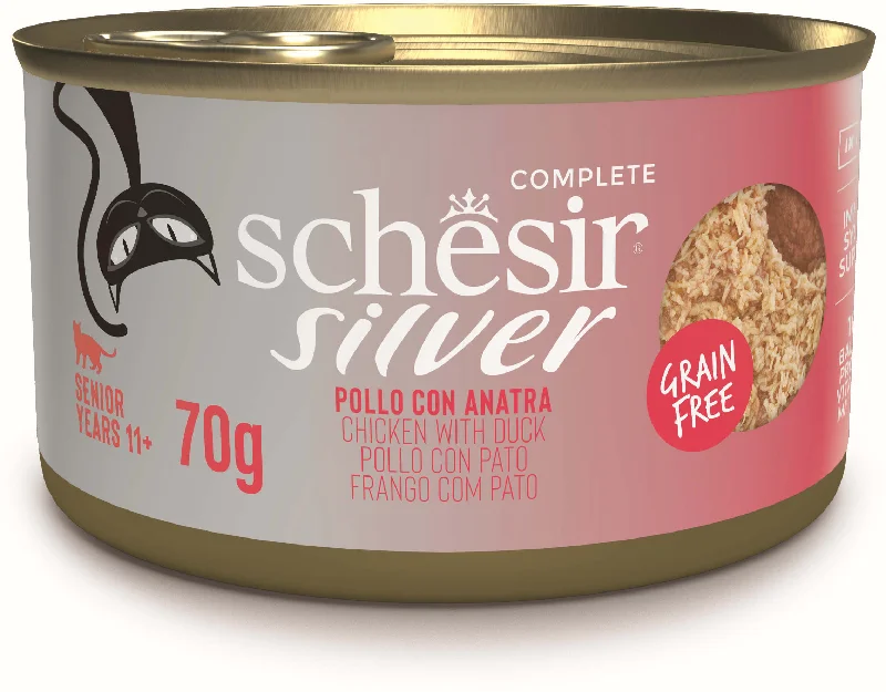 SCHESIR SILVER Conservă pentru pisici, SENIOR, cu Pui şi Raţă 70g